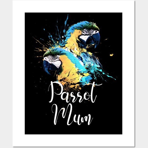 Parrot Mom Color Splatter Macaw Black Wall Art by BirdNerd